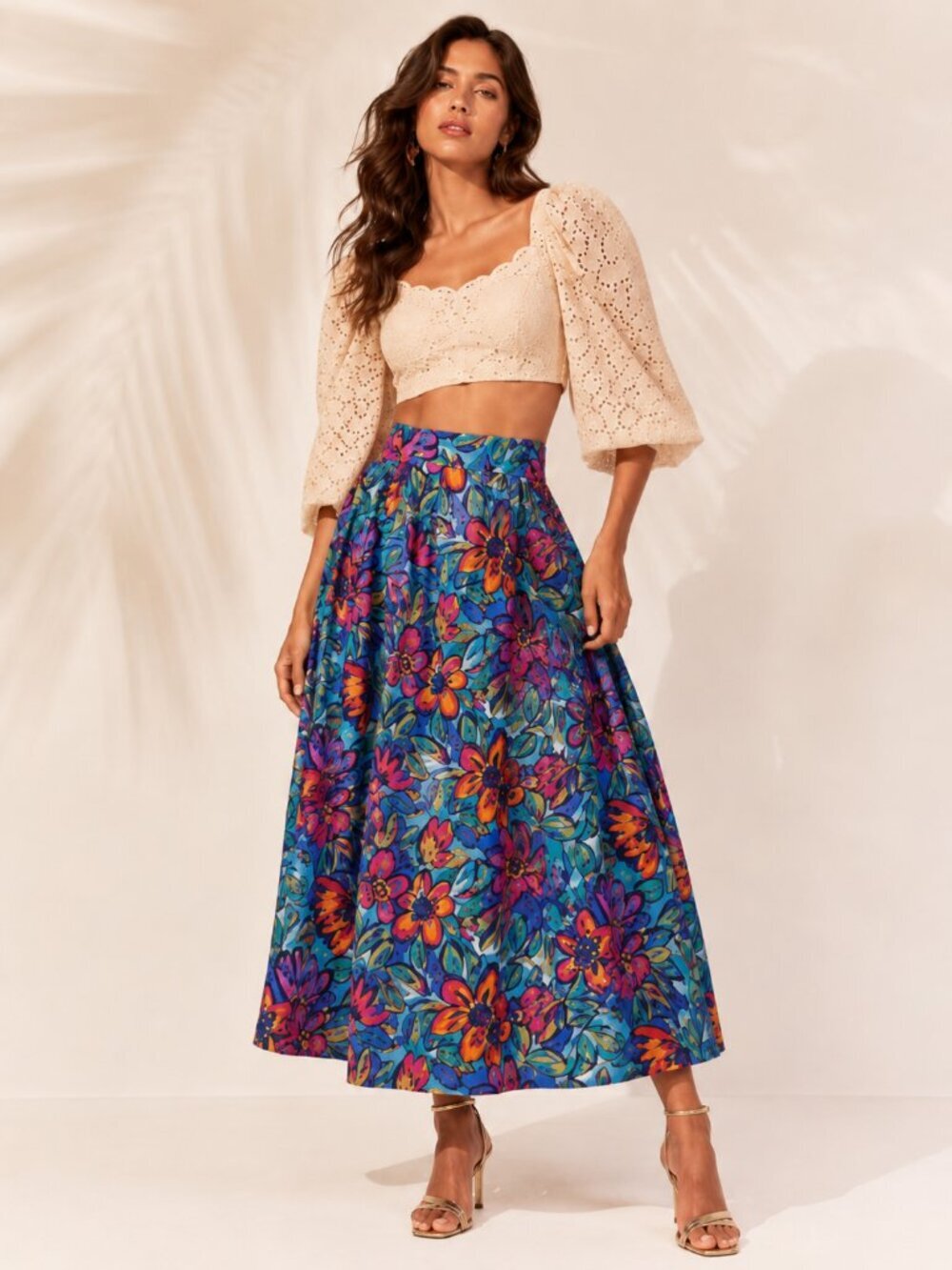 Vintage Tropical Resortwear 100% Silk Floral Midi‎ Skirt Travel Vacation